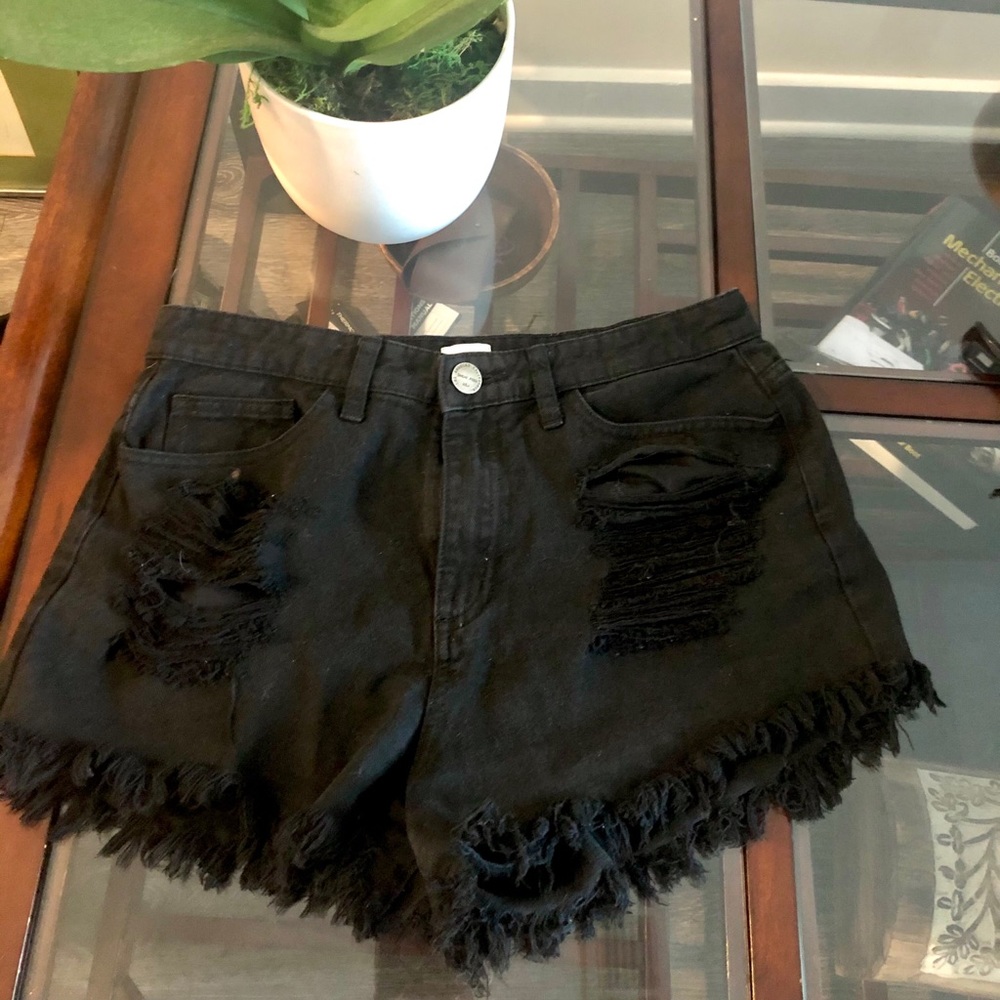 Black fringe distressed jeans shorts